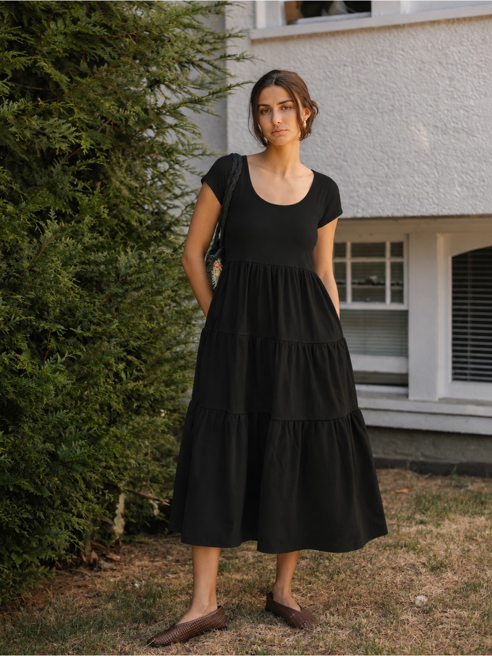 Smash + Tess Woman Black Gia Tiered A-Line Maxi Dress SMALL Prairie Cottagecore